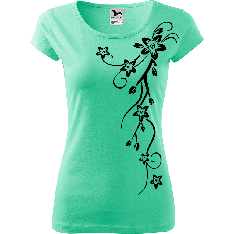 Ručně malované dámské triko Pure - Květiny (menší) Velikost trička: XL, Barva trička: MÁTOVÁ, Barva motivu: ČERNÁ