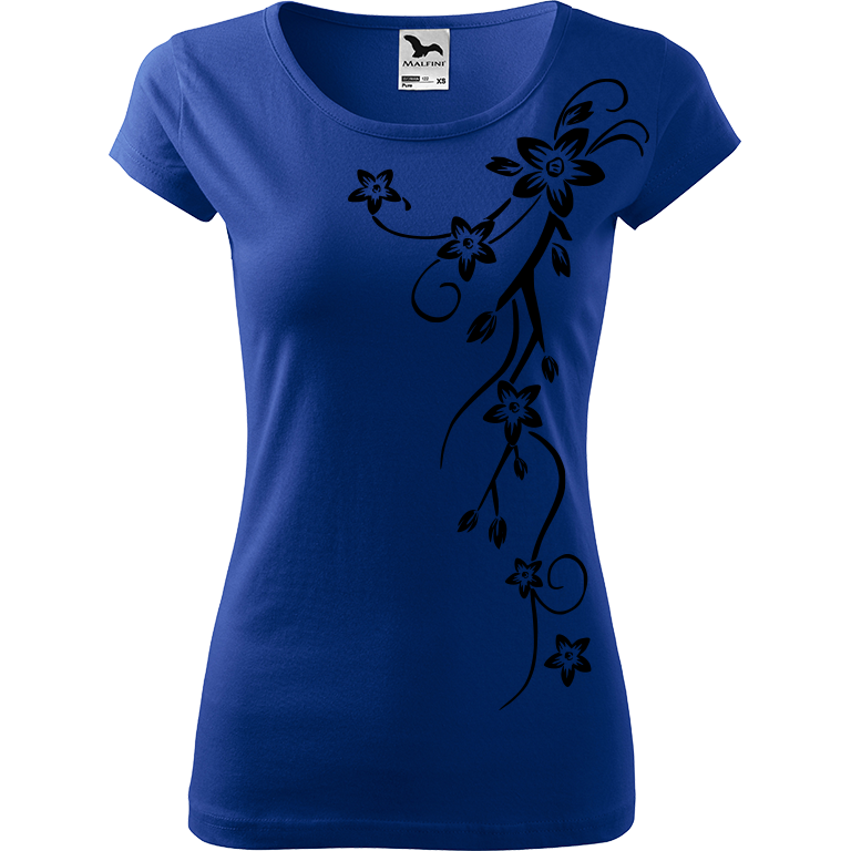 Ručně malované dámské triko Pure - Květiny (menší) Velikost trička: M, Barva trička: MODRÁ, Barva motivu: ČERNÁ