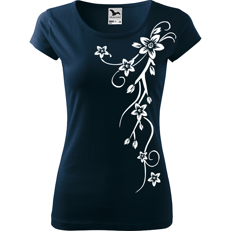 Ručně malované dámské triko Pure - Květiny (menší) Velikost trička: XXL, Barva trička: NÁMOŘNICKÁ MODRÁ, Barva motivu: BÍLÁ