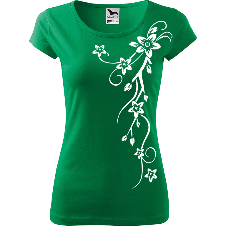 Ručně malované dámské triko Pure - Květiny (menší) Velikost trička: XXL, Barva trička: STŘEDNĚ ZELENÁ, Barva motivu: BÍLÁ