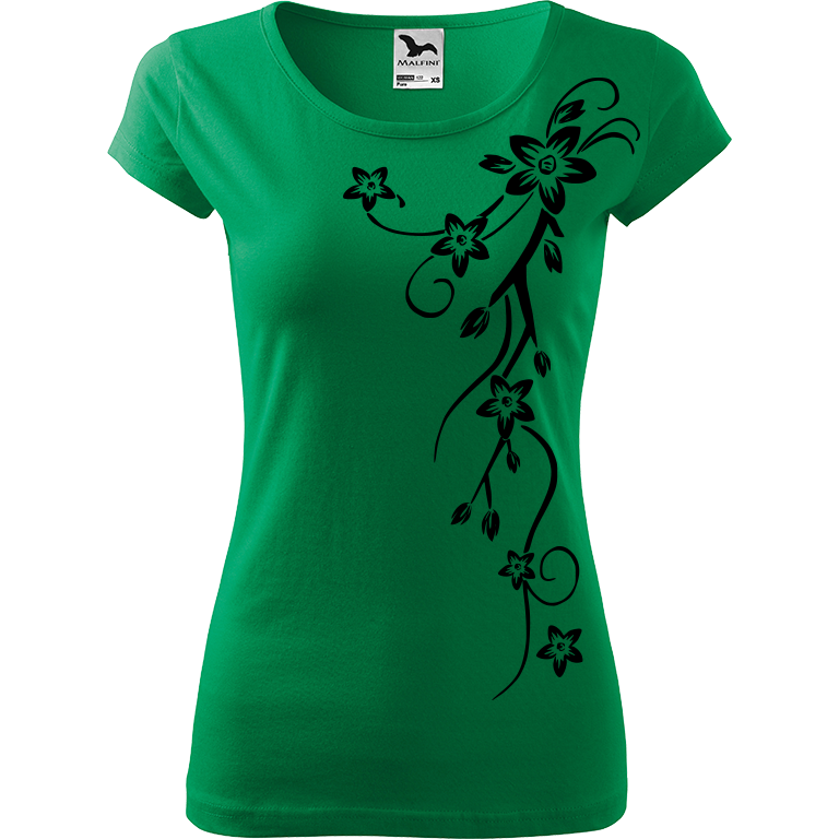 Ručně malované dámské triko Pure - Květiny (menší) Velikost trička: XXL, Barva trička: STŘEDNĚ ZELENÁ, Barva motivu: ČERNÁ
