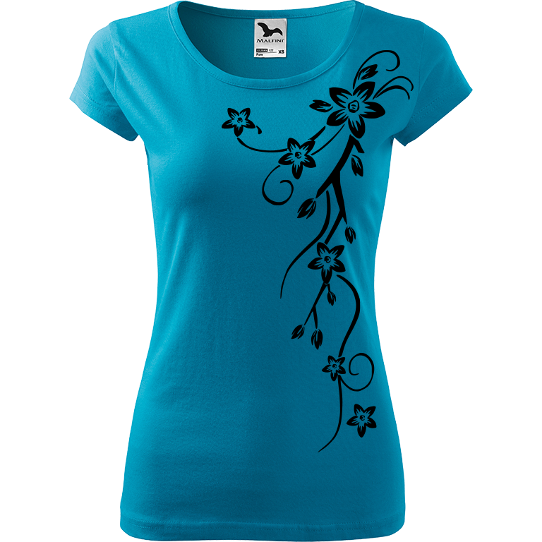 Ručně malované dámské triko Pure - Květiny (menší) Velikost trička: XL, Barva trička: TYRKYSOVÁ, Barva motivu: ČERNÁ