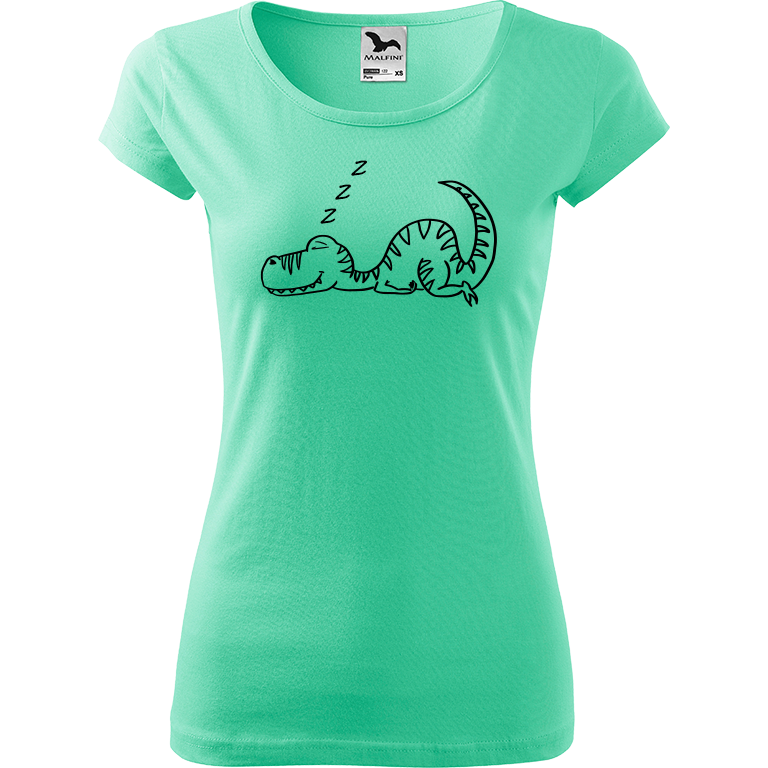 Ručně malované dámské triko Pure - Dinosaur spící Velikost trička: L, Barva trička: MÁTOVÁ, Barva motivu: ČERNÁ
