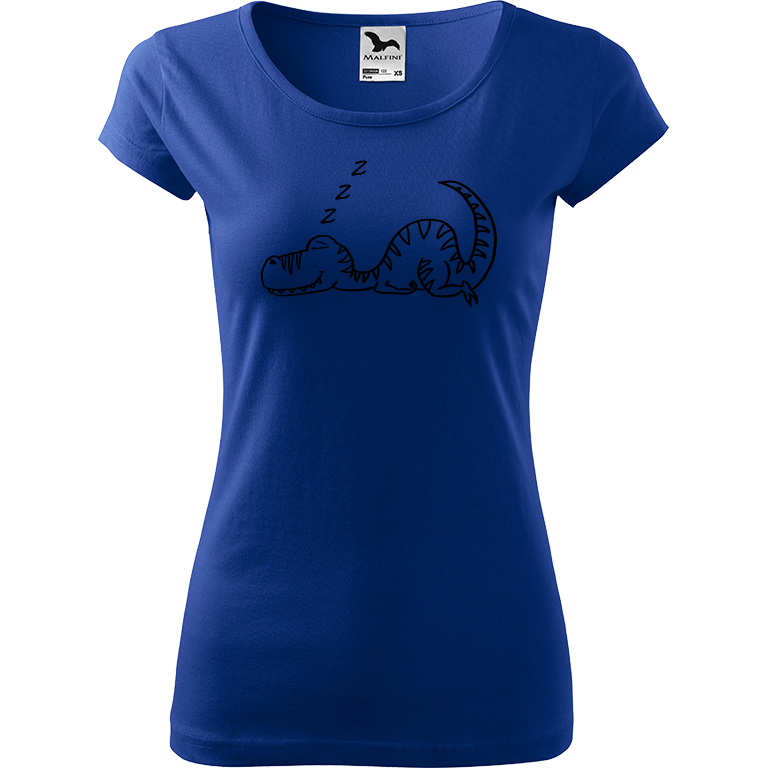 Ručně malované dámské triko Pure - Dinosaur spící Velikost trička: M, Barva trička: MODRÁ, Barva motivu: ČERNÁ