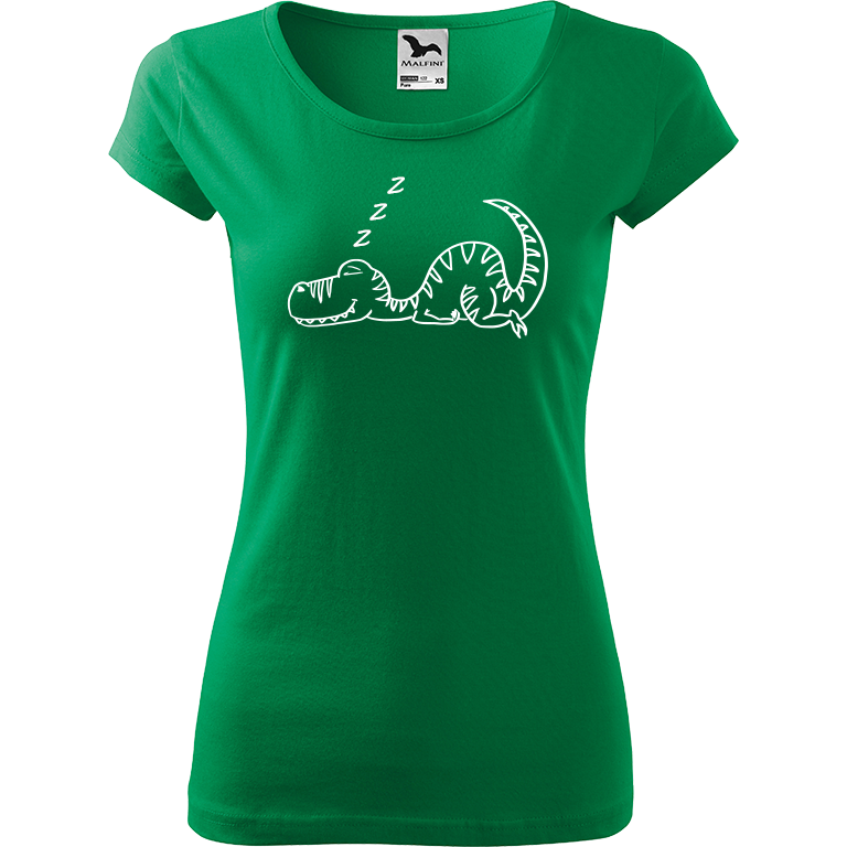 Ručně malované dámské triko Pure - Dinosaur spící Velikost trička: XXL, Barva trička: STŘEDNĚ ZELENÁ, Barva motivu: BÍLÁ