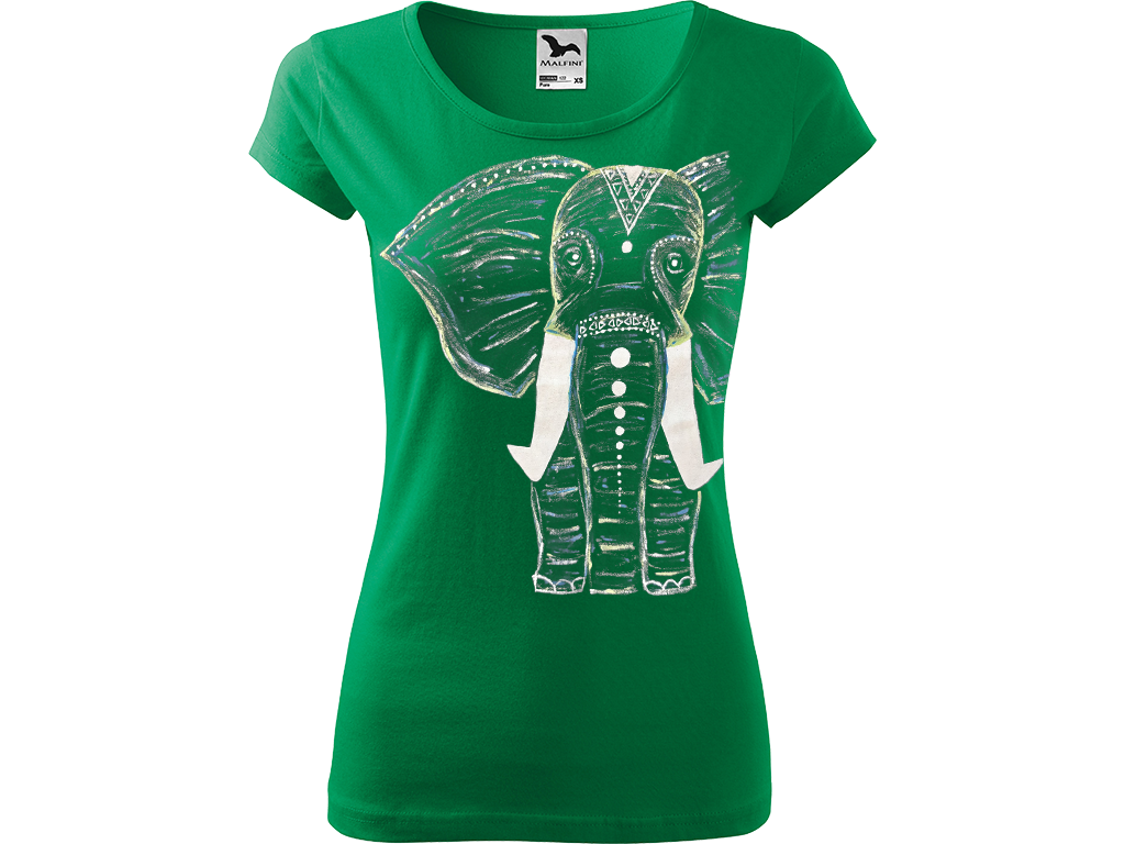 Ručně malované dámské triko Pure - Slon Velikost trička: S, Barva trička: STŘEDNĚ ZELENÁ