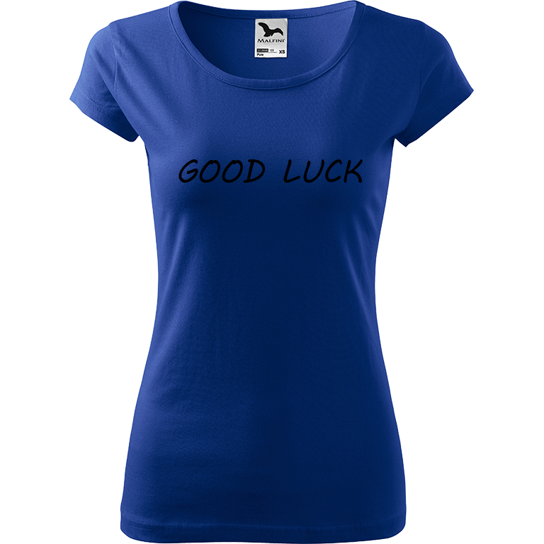 Ručně malované dámské triko Pure - Good Luck! Velikost trička: M, Barva trička: MODRÁ, Barva motivu: ČERNÁ