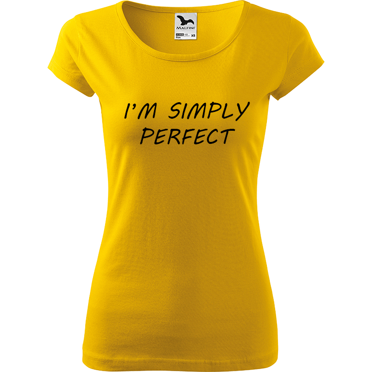 Ručně malované dámské triko Pure - I'm Simply Perfect Velikost trička: XL, Barva trička: ŽLUTÁ, Barva motivu: ČERNÁ