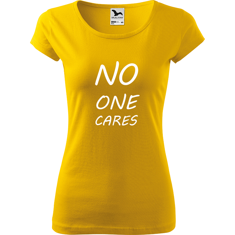 Ručně malované dámské triko Pure - No One Cares Velikost trička: XL, Barva trička: ŽLUTÁ, Barva motivu: BÍLÁ