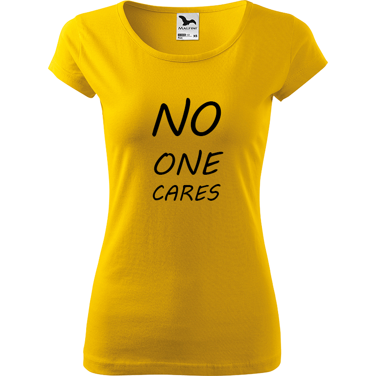 Ručně malované dámské triko Pure - No One Cares Velikost trička: XL, Barva trička: ŽLUTÁ, Barva motivu: ČERNÁ