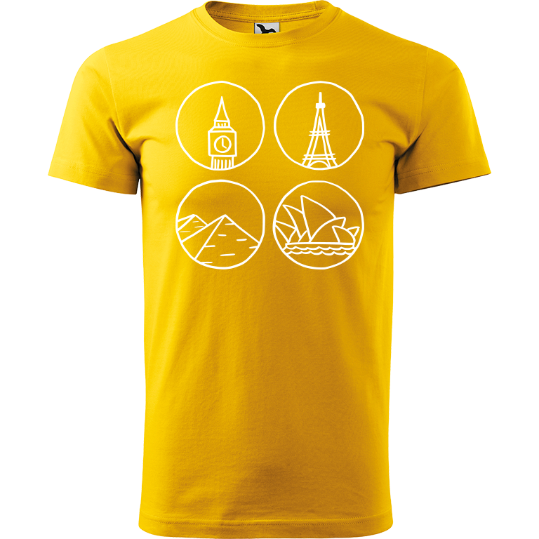 Ručně malované pánské triko Heavy New - Big Ben, Eiffellovka, Pyramidy a Opera v Sydney Velikost trička: XXL, Barva trička: ŽLUTÁ, Barva motivu: BÍLÁ