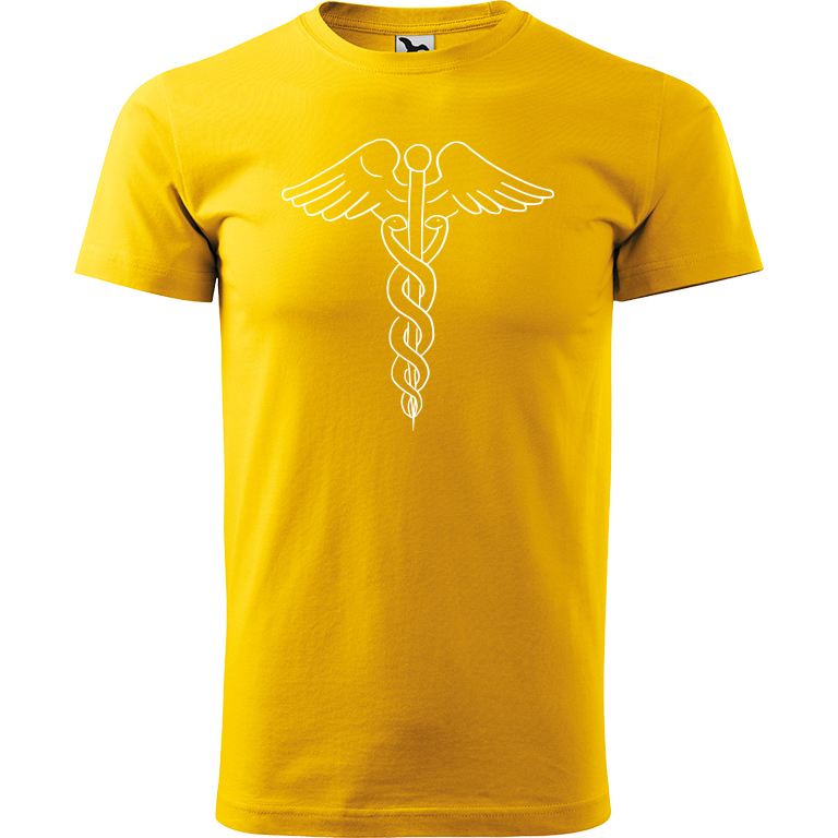 Ručně malované pánské triko Heavy New - Caduceus Velikost trička: M, Barva trička: ŽLUTÁ, Barva motivu: BÍLÁ