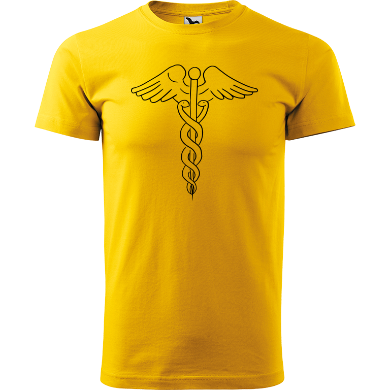 Ručně malované pánské triko Heavy New - Caduceus Velikost trička: L, Barva trička: ŽLUTÁ, Barva motivu: ČERNÁ