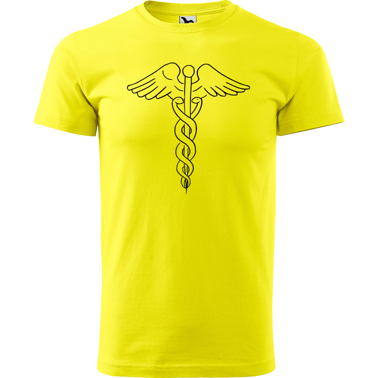 Ručně malované pánské triko Heavy New - Caduceus Velikost trička: S, Barva trička: CITRONOVÁ, Barva motivu: ČERNÁ