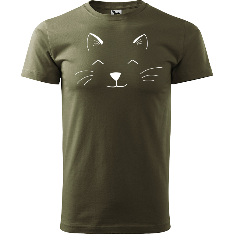 Ručně malované pánské triko Heavy New - Cat Face Velikost trička: M, Barva trička: ARMY, Barva motivu: BÍLÁ