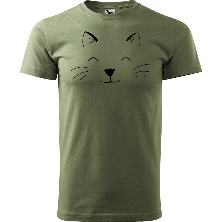 Ručně malované pánské triko Heavy New - Cat Face Velikost trička: XS, Barva trička: KHAKI, Barva motivu: ČERNÁ