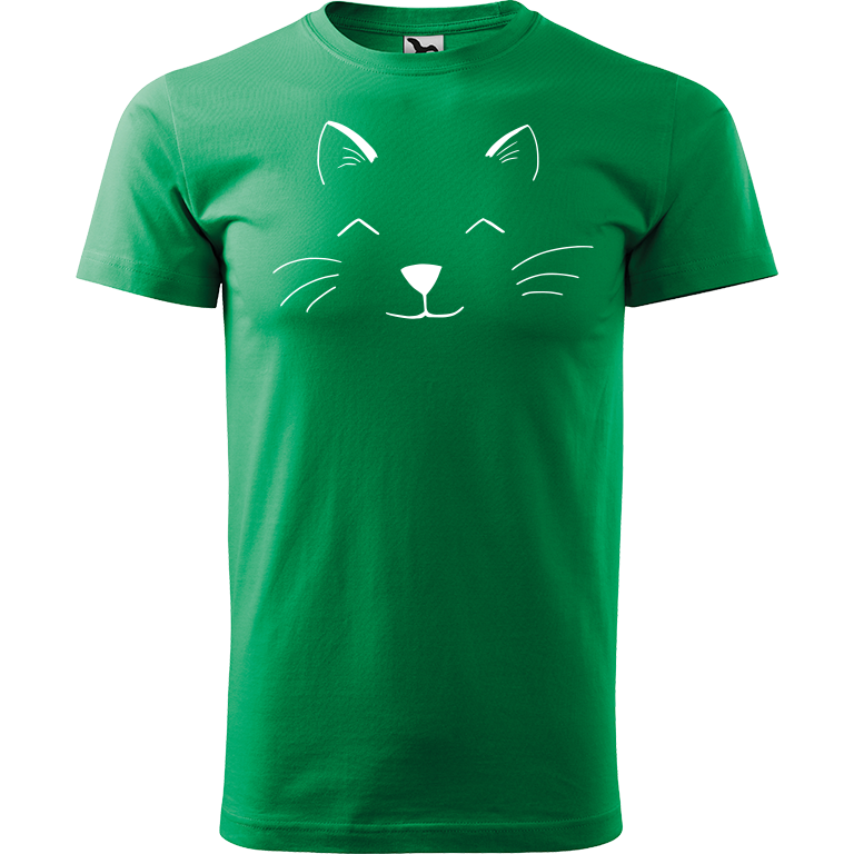Ručně malované pánské triko Heavy New - Cat Face Velikost trička: S, Barva trička: STŘEDNĚ ZELENÁ, Barva motivu: BÍLÁ