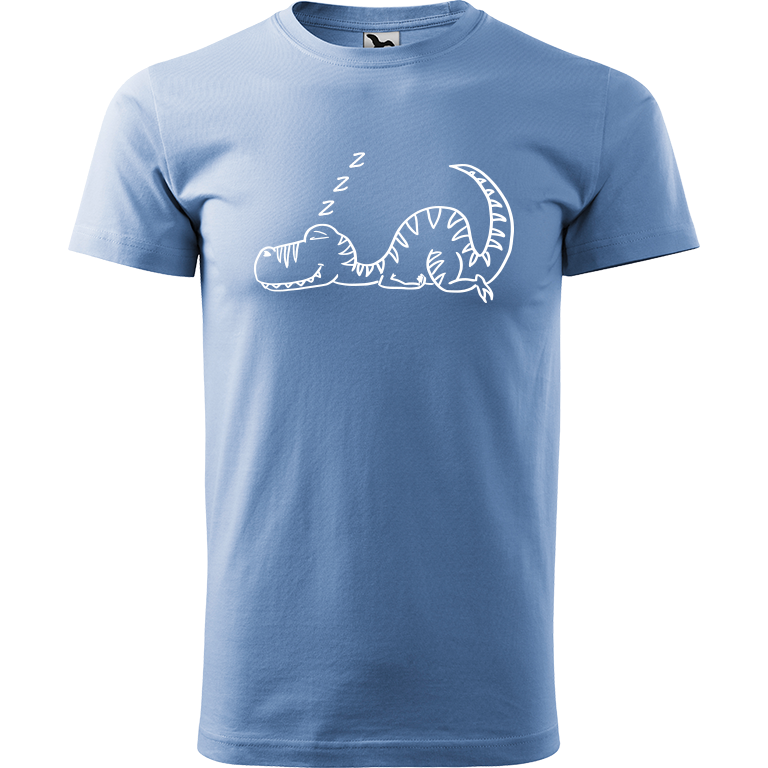Ručně malované pánské triko Heavy New - Dinosaur - Spící Velikost trička: XL, Barva trička: NEBESKY MODRÁ, Barva motivu: BÍLÁ