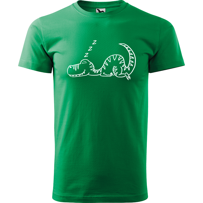 Ručně malované pánské triko Heavy New - Dinosaur - Spící Velikost trička: M, Barva trička: STŘEDNĚ ZELENÁ, Barva motivu: BÍLÁ