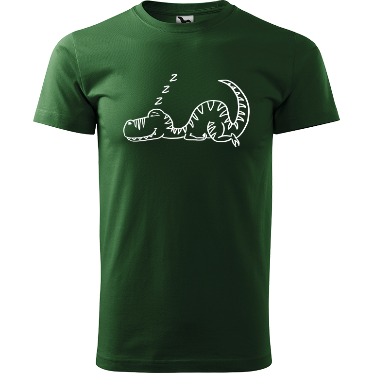 Ručně malované pánské triko Heavy New - Dinosaur - Spící Velikost trička: S, Barva trička: TMAVĚ ZELENÁ, Barva motivu: BÍLÁ