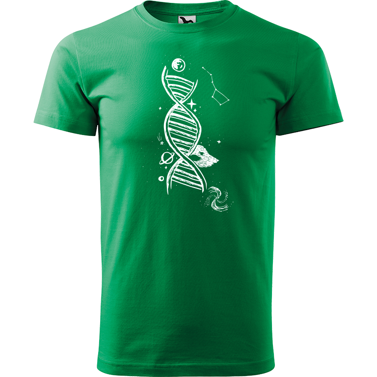 Ručně malované pánské triko Heavy New - DNA Velikost trička: L, Barva trička: STŘEDNĚ ZELENÁ, Barva motivu: BÍLÁ