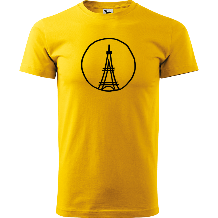 Ručně malované pánské triko Heavy New - Eiffelovka Velikost trička: L, Barva trička: ŽLUTÁ, Barva motivu: ČERNÁ