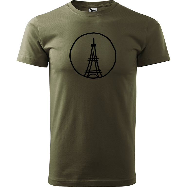 Ručně malované pánské triko Heavy New - Eiffelovka Velikost trička: L, Barva trička: ARMY, Barva motivu: ČERNÁ