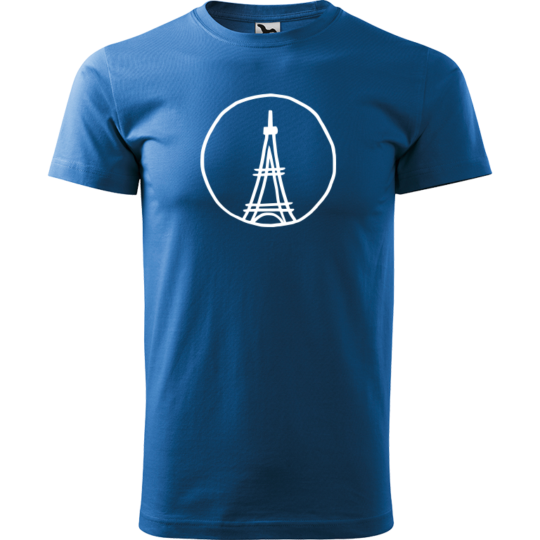 Ručně malované pánské triko Heavy New - Eiffelovka Velikost trička: M, Barva trička: AZUROVÁ, Barva motivu: BÍLÁ