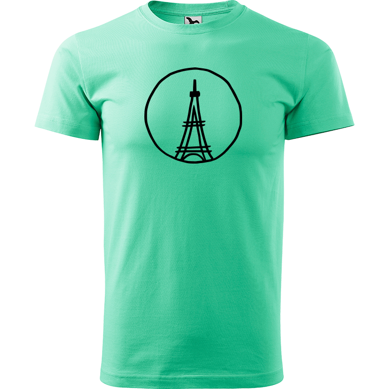 Ručně malované pánské triko Heavy New - Eiffelovka Velikost trička: L, Barva trička: MÁTOVÁ, Barva motivu: ČERNÁ