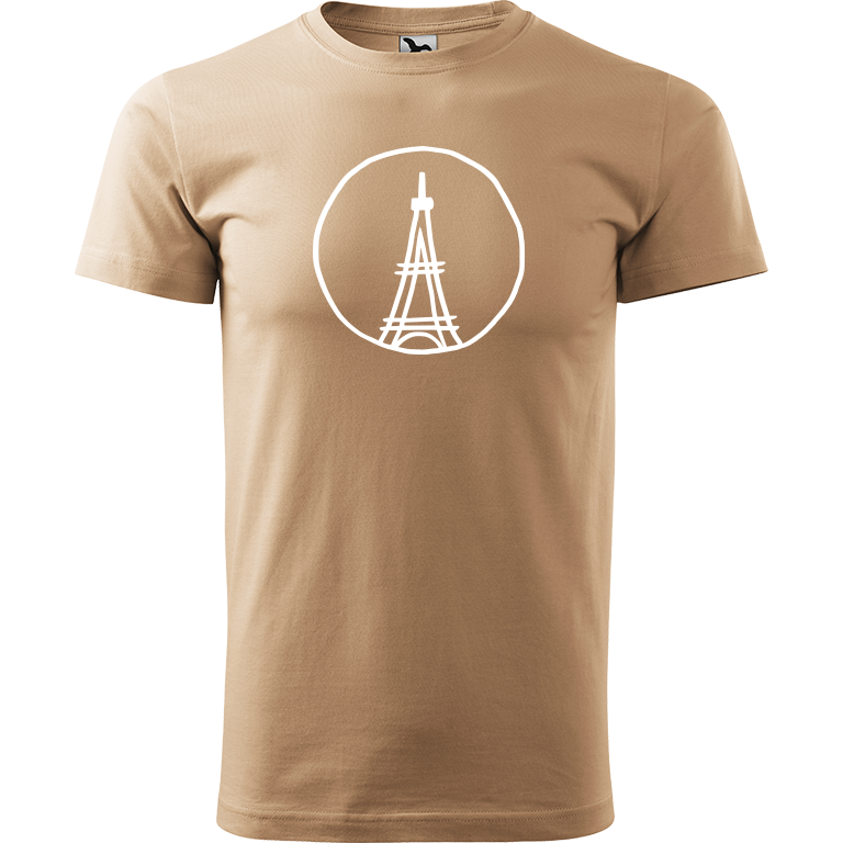 Ručně malované pánské triko Heavy New - Eiffelovka Velikost trička: M, Barva trička: PÍSKOVÁ, Barva motivu: BÍLÁ