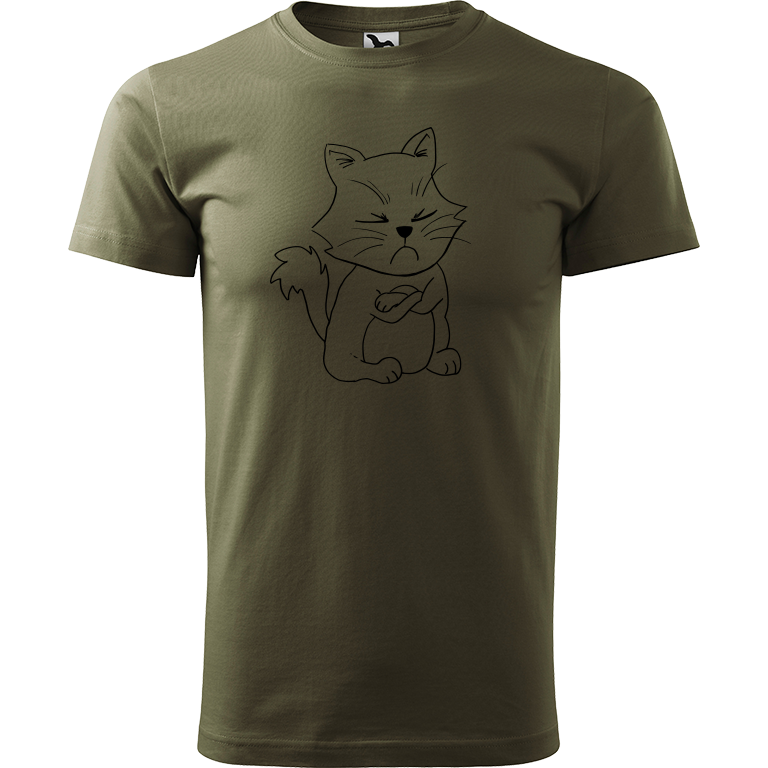 Ručně malované pánské triko Heavy New - Grumpy Kitty Velikost trička: XL, Barva trička: ARMY, Barva motivu: ČERNÁ