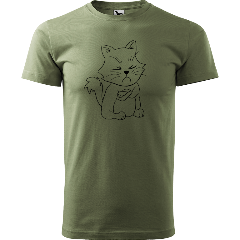 Ručně malované pánské triko Heavy New - Grumpy Kitty Velikost trička: XS, Barva trička: KHAKI, Barva motivu: ČERNÁ