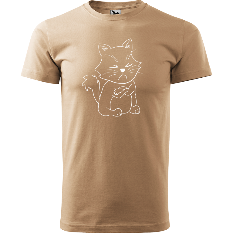 Ručně malované pánské triko Heavy New - Grumpy Kitty Velikost trička: XL, Barva trička: PÍSKOVÁ, Barva motivu: BÍLÁ