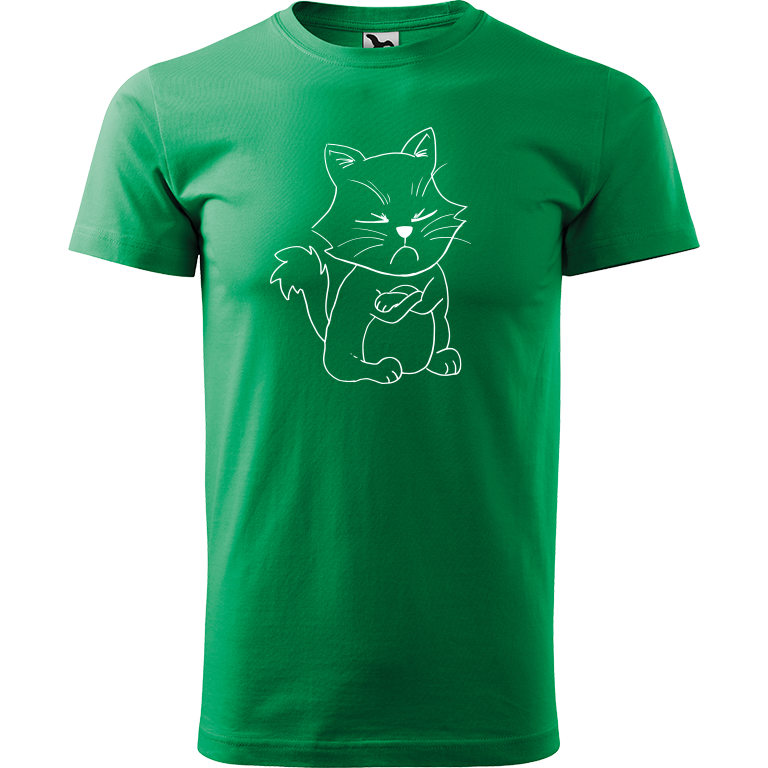 Ručně malované pánské triko Heavy New - Grumpy Kitty Velikost trička: M, Barva trička: STŘEDNĚ ZELENÁ, Barva motivu: BÍLÁ