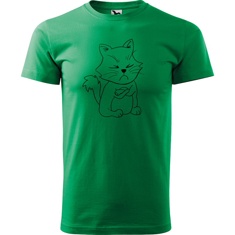 Ručně malované pánské triko Heavy New - Grumpy Kitty Velikost trička: L, Barva trička: STŘEDNĚ ZELENÁ, Barva motivu: ČERNÁ