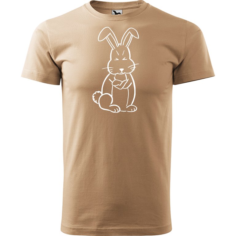 Ručně malované pánské triko Heavy New - Grumpy Rabbit Velikost trička: XL, Barva trička: PÍSKOVÁ, Barva motivu: BÍLÁ