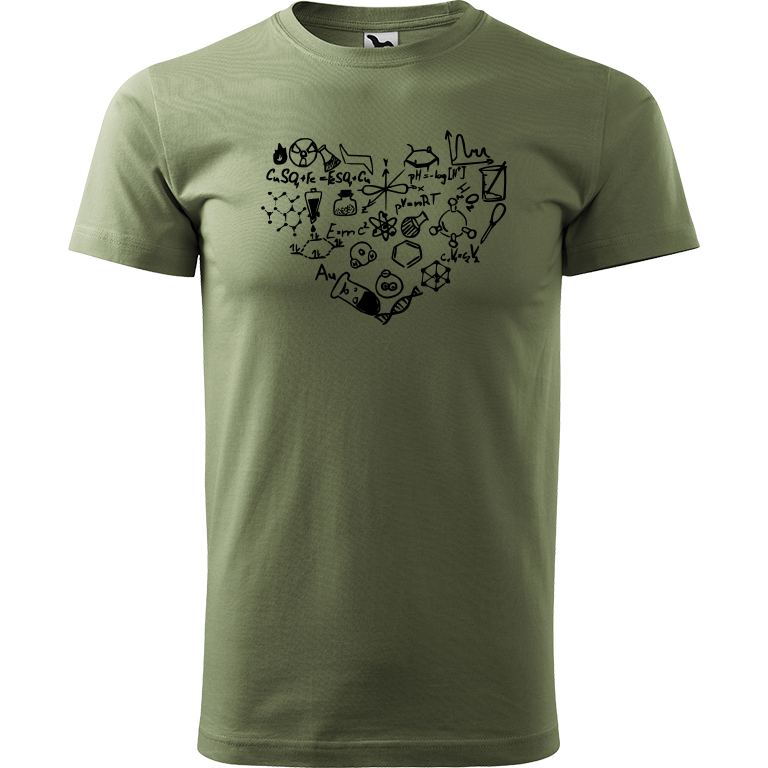 Ručně malované pánské triko Heavy New - Chemikovo srdce Velikost trička: XS, Barva trička: KHAKI, Barva motivu: ČERNÁ