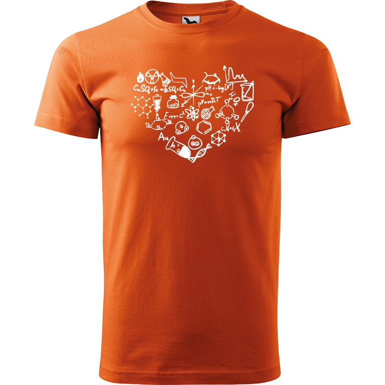 Ručně malované pánské triko Heavy New - Chemikovo srdce Velikost trička: XXL, Barva trička: ORANŽOVÁ, Barva motivu: BÍLÁ