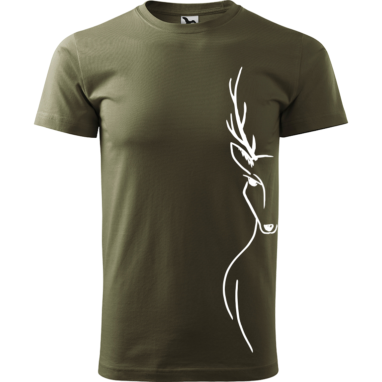Ručně malované pánské triko Heavy New - Jelen - Na boku Velikost trička: XL, Barva trička: ARMY, Barva motivu: BÍLÁ