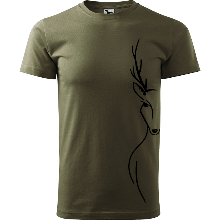 Ručně malované pánské triko Heavy New - Jelen - Na boku Velikost trička: XL, Barva trička: ARMY, Barva motivu: ČERNÁ