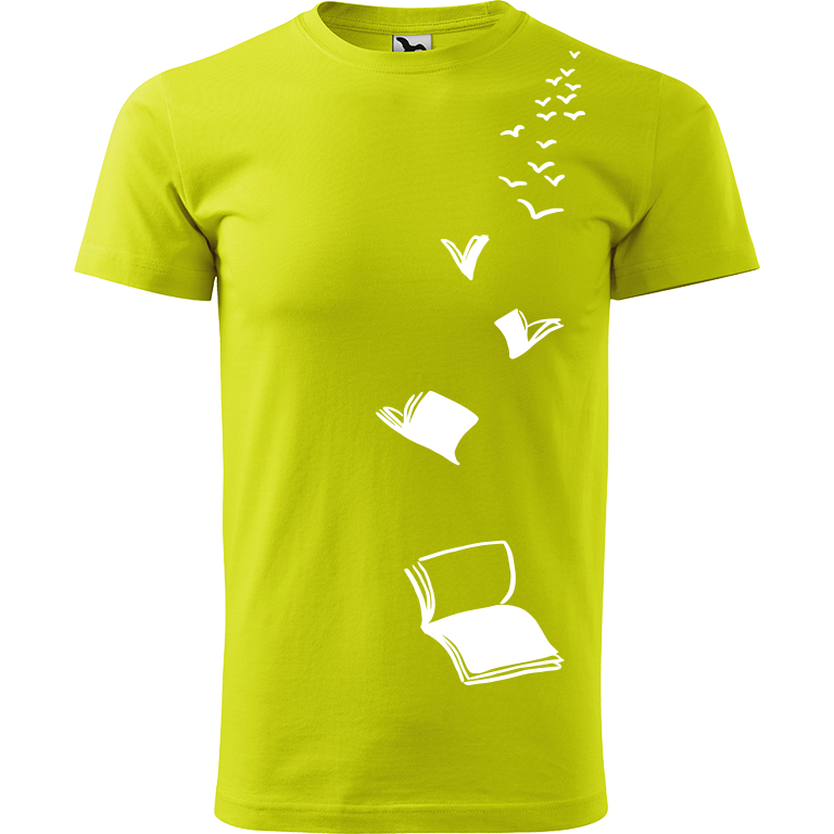 Ručně malované pánské triko Heavy New - Knihy - Létající Velikost trička: XL, Barva trička: LIMETKOVÁ, Barva motivu: BÍLÁ