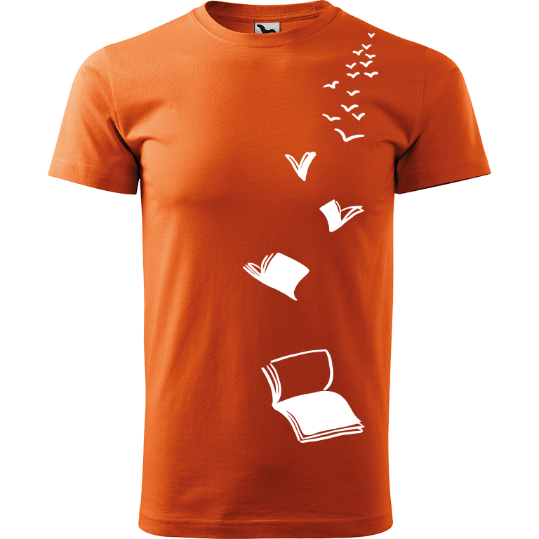 Ručně malované pánské triko Heavy New - Knihy - Létající Velikost trička: XS, Barva trička: ORANŽOVÁ, Barva motivu: BÍLÁ