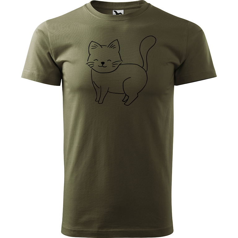 Ručně malované pánské triko Heavy New - Kočka Velikost trička: M, Barva trička: ARMY, Barva motivu: ČERNÁ