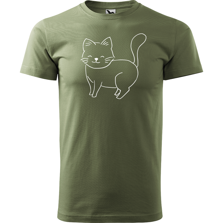 Ručně malované pánské triko Heavy New - Kočka Velikost trička: M, Barva trička: KHAKI, Barva motivu: BÍLÁ