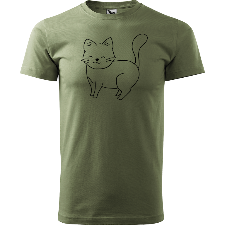 Ručně malované pánské triko Heavy New - Kočka Velikost trička: L, Barva trička: KHAKI, Barva motivu: ČERNÁ