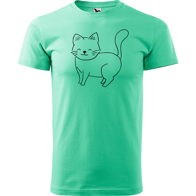 Ručně malované pánské triko Heavy New - Kočka Velikost trička: L, Barva trička: MÁTOVÁ, Barva motivu: ČERNÁ