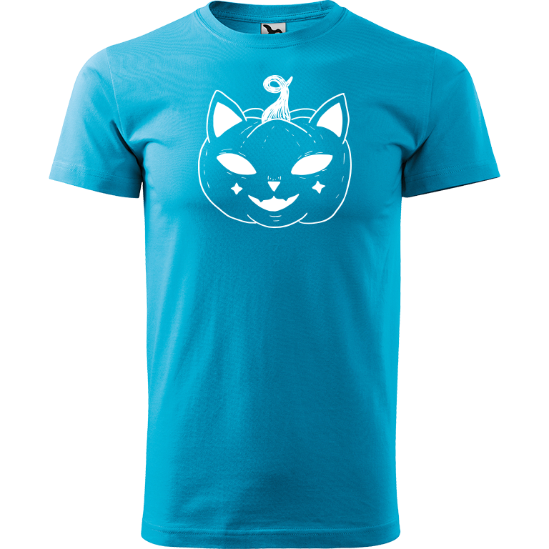 Ručně malované pánské triko Heavy New - Halloween kočka - Dýně Velikost trička: XXL, Barva trička: TYRKYSOVÁ, Barva motivu: BÍLÁ