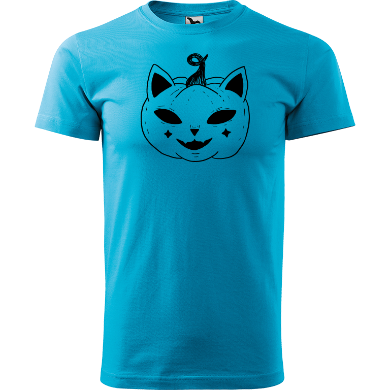 Ručně malované pánské triko Heavy New - Halloween kočka - Dýně Velikost trička: XXL, Barva trička: TYRKYSOVÁ, Barva motivu: ČERNÁ
