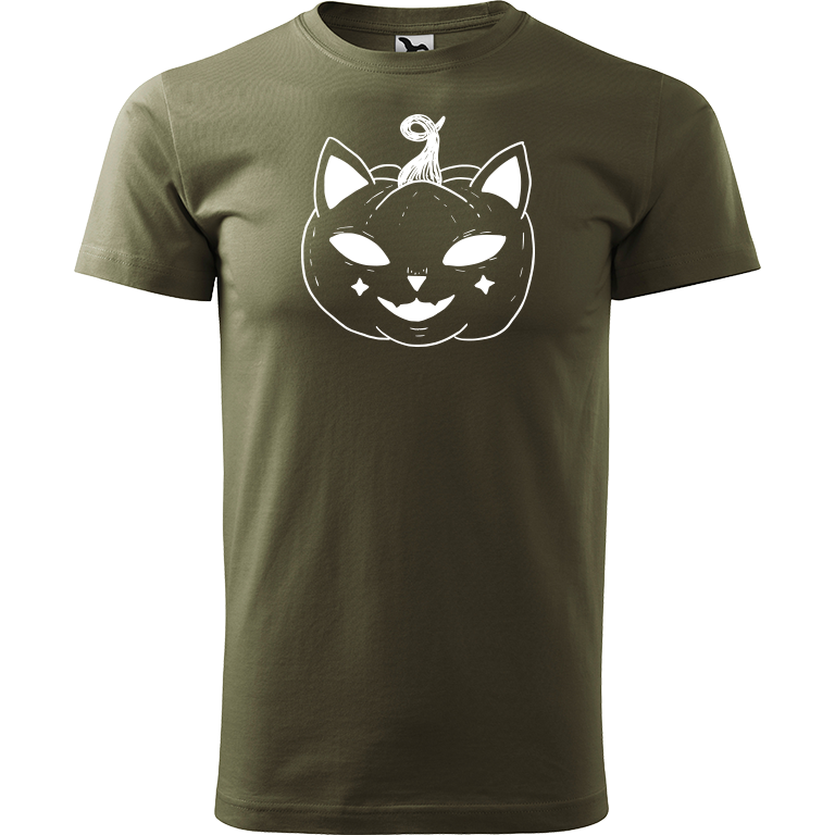 Ručně malované pánské triko Heavy New - Halloween kočka - Dýně Velikost trička: XL, Barva trička: ARMY, Barva motivu: BÍLÁ