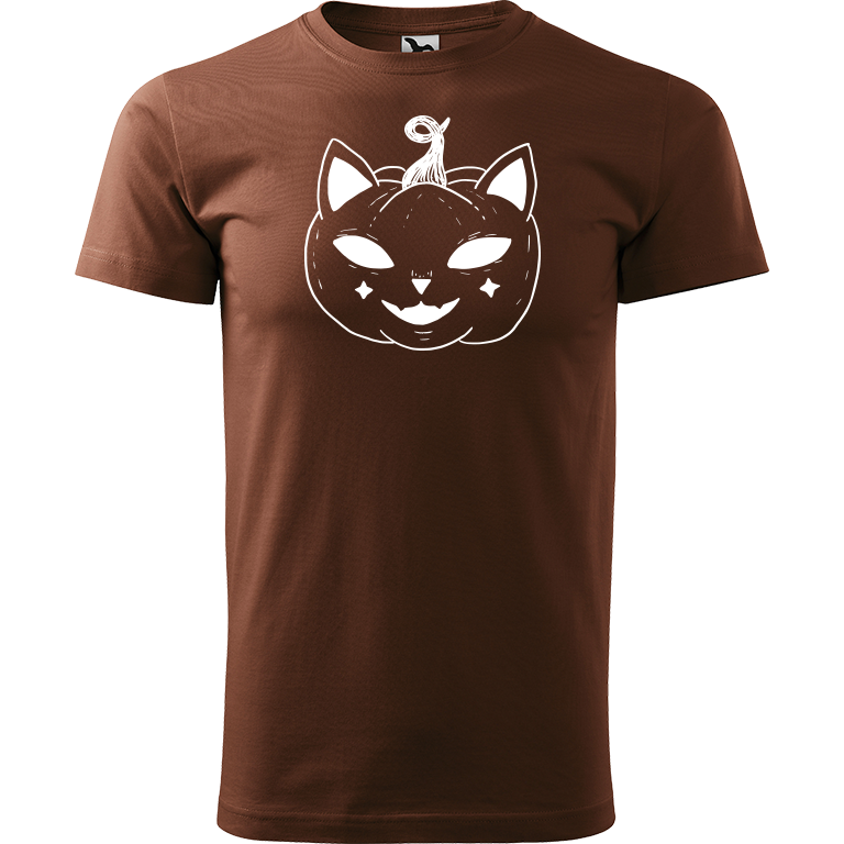 Ručně malované pánské triko Heavy New - Halloween kočka - Dýně Velikost trička: S, Barva trička: ČOKOLÁDOVÁ, Barva motivu: BÍLÁ